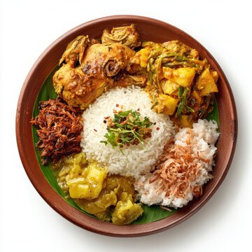 Sri Lankan lunch menu with rice chicken curry dhal and pol sambal isolated on a white background 