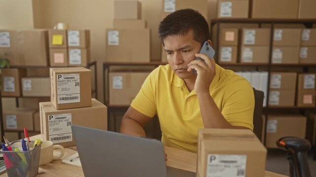 Man holding smartphone to ear and typing on laptop among packed shipping boxes in a small business building; efficiency focused.
