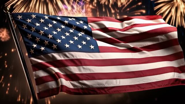 American flag waving proudly against a backdrop of colorful fireworks, symbolizing national pride and celebration. ..Created with Generative AI, not depicting real subjects.