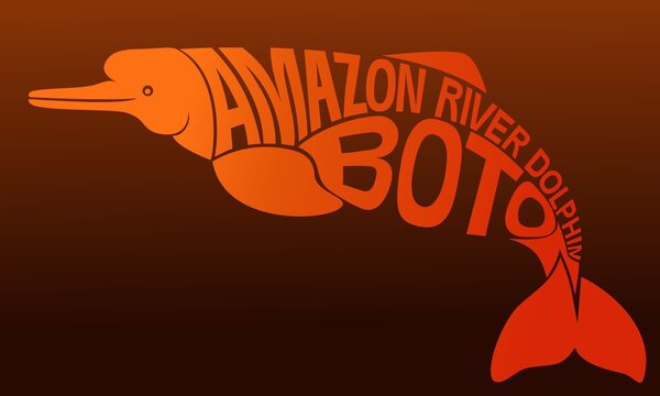 Typographic Boto dolphin logo. Orange vector silhouette of the Amazon river dolphin made of text on a dark gradient background
