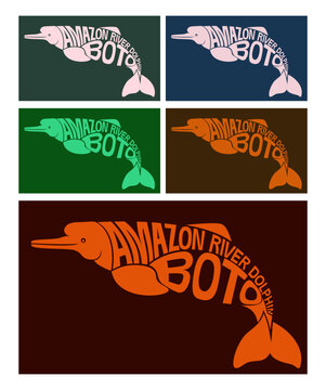 Set of Amazon river dolphin Boto logos. Vector animal silhouettes made of typography text in various color combinations