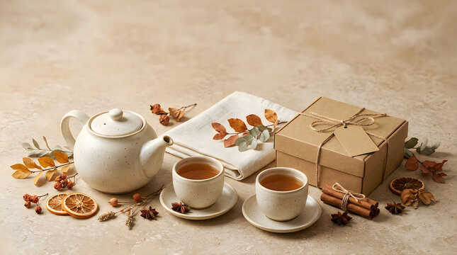 Tea set with spices and natural elements