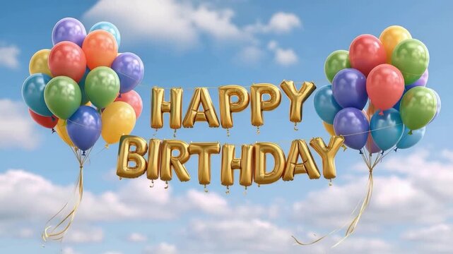 Golden foil balloons spell out Happy Birthday against a bright blue sky dotted with fluffy clouds. ..Created with Generative AI, not depicting real subjects.