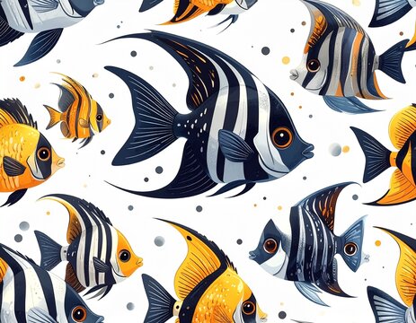 cartoon angelfish 2d seamless pattern, triangular body flowing fins silver black stripes