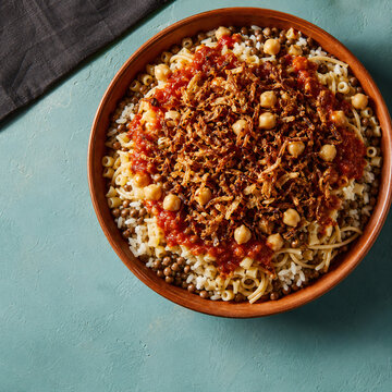 Egyptian Koshari Rice Lentils Pasta Chickpeas and Crispy Onions