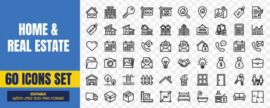 Home and real estate icons set with 60 modern outline style elements for property listing website and app design, modern minimal outline line vector icons pack