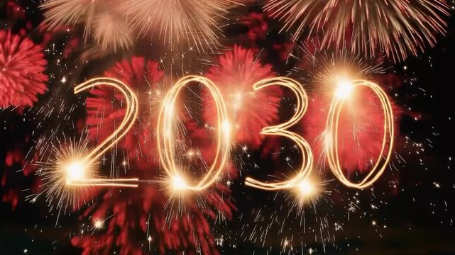 A celebratory display of fireworks illuminates the night sky, forming the year 2030 in glowing light. ..Created with Generative AI, not depicting real subjects.