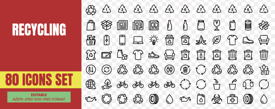 Recycling icons set with environmental waste management symbols plastic types disposal containers sustainable habits eco friendly practices and garbage classification for professional green projects