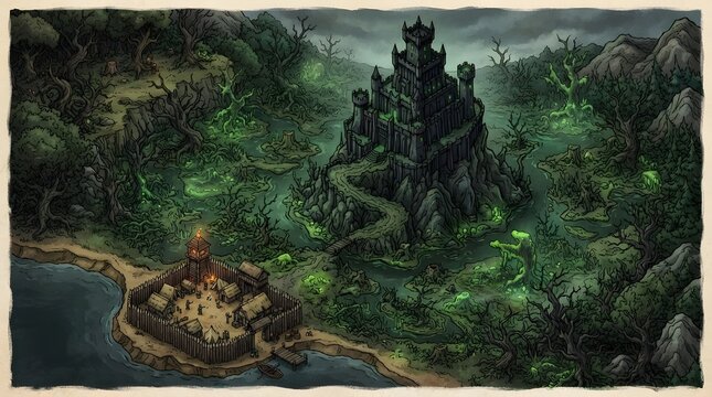 Dark Fantasy Swamp Castle Watercolor Art Illustration