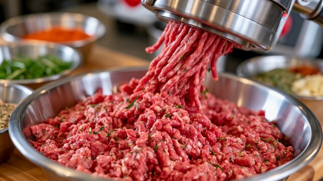 Freshly ground meat dropping into a stainless steel bowl with herbs and spices