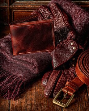 Leather goods flat lay wallet gloves belt on dark wood