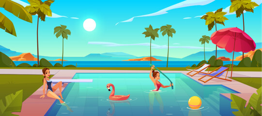 Naklejka premium Pool resort background for summer beach illustration. Luxury swimming vector with cartoon view of blue landscape and umbrella. Relaxing spa hotel with tropical patio, seaside vacation under sunny sky.