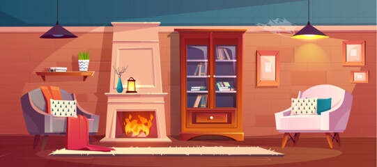 Fototapeta premium Fireplace in cartoon room with vintage armchair and wooden floor. Cozy home scene with cabinet, lamp, bookshelf and warm decor. Vector illustration of living space background.