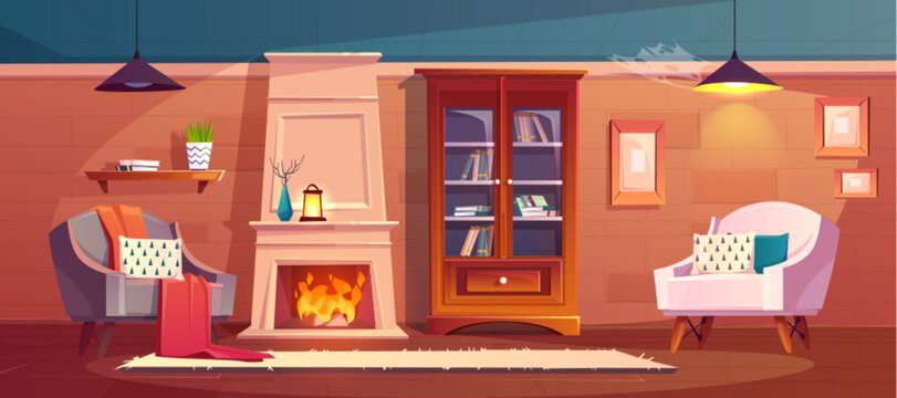 Fireplace in cartoon room with vintage armchair and wooden floor. Cozy home scene with cabinet, lamp, bookshelf and warm decor. Vector illustration of living space background.