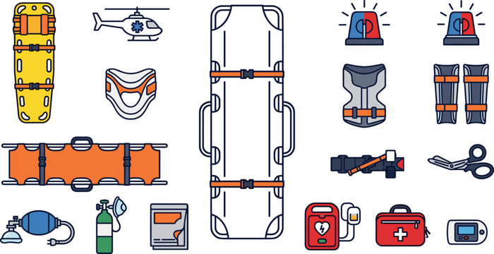 Emergency paramedic rescue equipment flat line icon set with stretcher spinal board helicopter aed defibrillator oxygen tank vector
