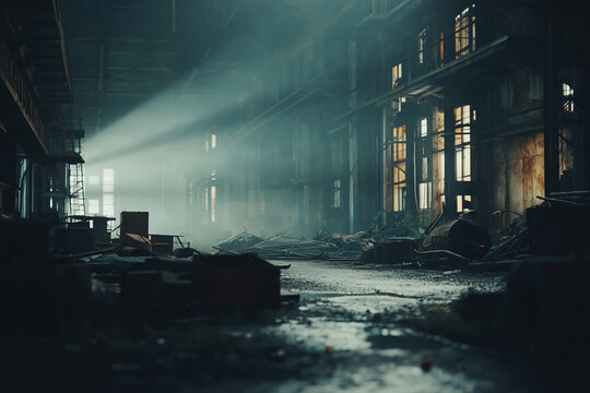 Dark abandoned industrial interior with light rays and fog
