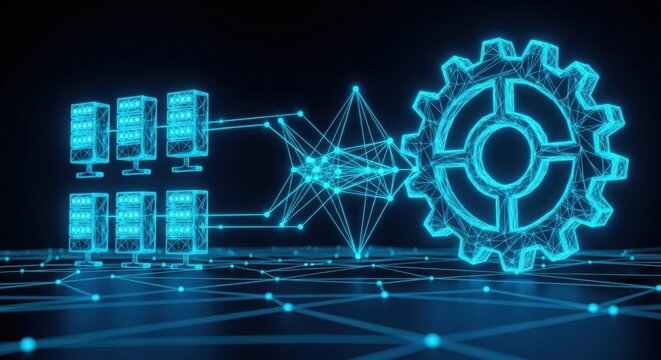 Digital server network connected to a glowing gear icon illustration illustration