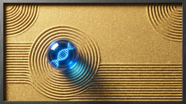 Luxurious golden dust zen garden with glowing blue DNA sphere.