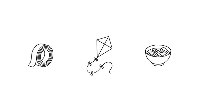 A trio composed of tape, a kite, and a bowl of noodles, representing fun, creativity, and whimsical charm in a clean and enjoyable visual style.