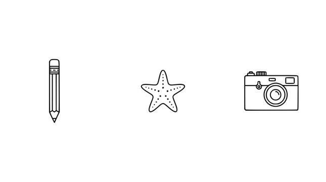 This engaging image captures the essence of creativity with a pencil, a starfish symbolizing nature, and a camera representing photography and memories.
