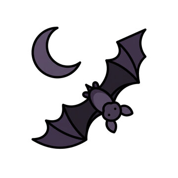 Hanging bat silhouette with crescent moon on transparent background