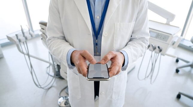 Doctor in white lab coat using smartphone for digital health records while standing in modern dental operatory.