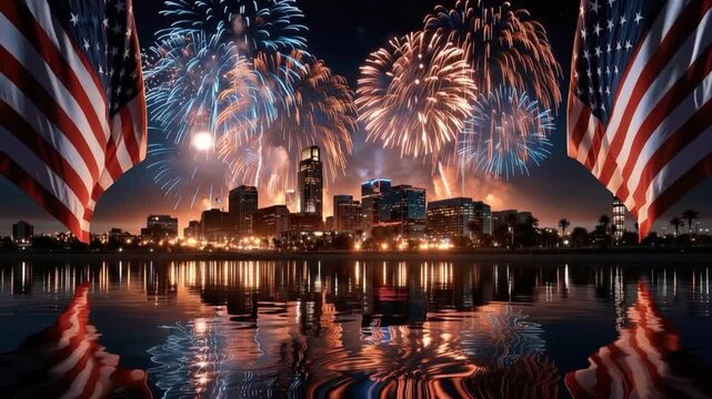 A dazzling fireworks display illuminates the night sky over a city skyline, framed by the American flag. ..Created with Generative AI, not depicting real subjects.