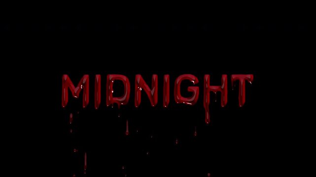 MIDNIGHT bloody hour text, dripping blood late night marker for horror screenings, witching hour promos and after dark event graphics