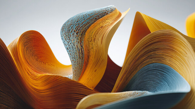 Abstract colorful paper curves layered folds orange blue yellow