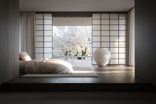Minimal Japanese bedroom with shoji screen and garden view