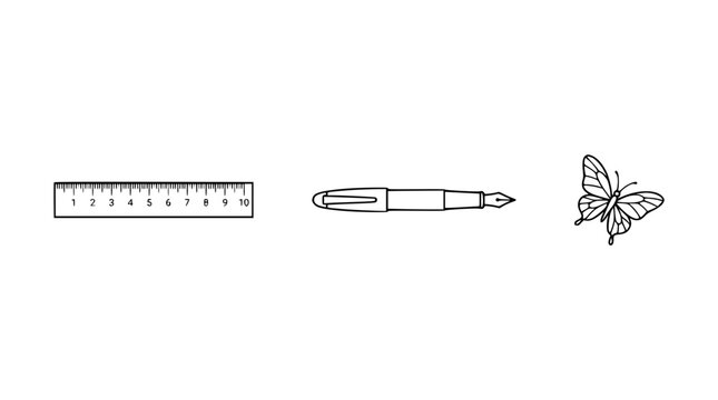 An elegant depiction of a ruler, a fountain pen, and a butterfly, symbolizing precision, creativity, and the beauty found in transformation and nature.