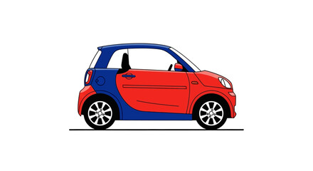 Fototapeta premium A cartoon illustration of a small, compact two-tone car with a red front and a blue rear, viewed from the side.