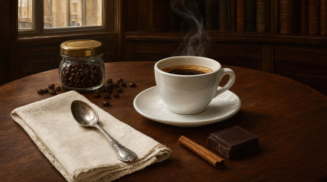 Minimal coffee ritual still life cup and beans with chocolate