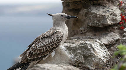 Naklejka premium Seabird Perched on Rocky Outcrop A solitary seabird with distinctive plumage rests on a rugged stone formation overlooking the ocean, its sharp beak and keen eyes surveying the horizon.