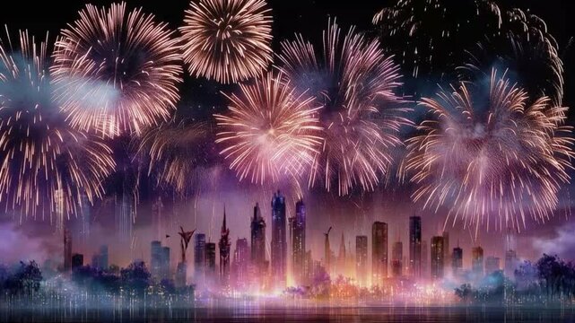 A breathtaking display of vibrant fireworks illuminates the night sky above a modern city skyline, reflected in the tranquil water below. ..Created with Generative AI, not depicting real subjects.