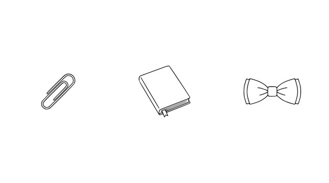 A quirky illustration set featuring a paperclip, a blank notebook, and a bow tie, cleverly blending work and personal style into a playful and artistic representation.