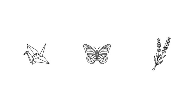This image features a minimalist origami crane, a delicate butterfly, and a sprig of lavender, showcasing elegance and creativity with a focus on nature's artistry.