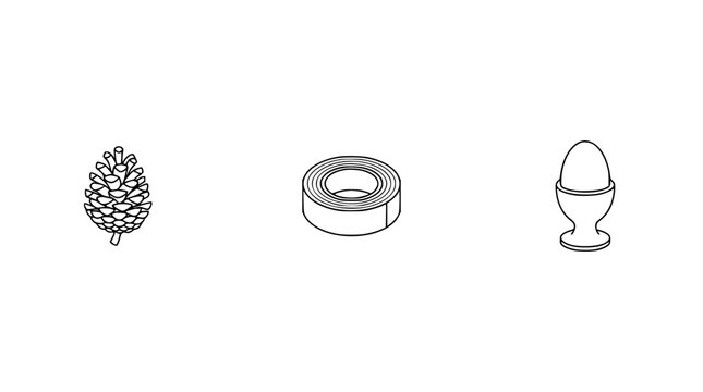 This image presents a minimalist aesthetic featuring a pinecone, a tape roll, and an egg stand, emphasizing simple yet diverse everyday objects in a clean design.