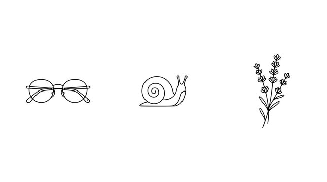 This image features minimalist glasses, a snail, and lavender sprigs, showcasing a whimsical take on nature and everyday life through artistic simplicity and charm.
