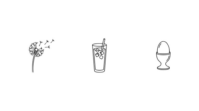 This image showcases a dandelion, a refreshing drink with ice, and an egg in an elegant holder, symbolizing freshness and simplicity in a modern artistic context.