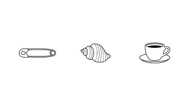This image highlights a minimalist safety pin, a seashell, and a coffee cup, blending elements of craftsmanship and leisure into a serene artistic composition.
