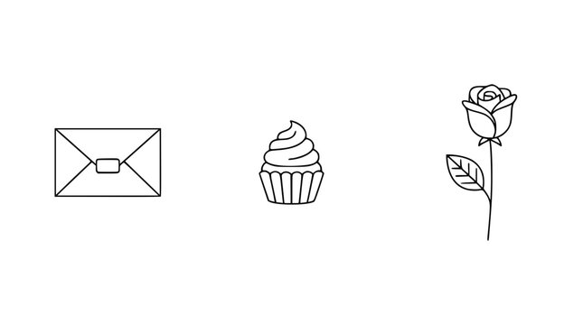 This visual elegantly merges an envelope, a delicious cupcake, and a beautiful rose, symbolizing communication, sweetness, and love in a delightful, minimalistic way.