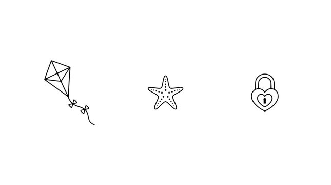 In this image, a kite, a starfish, and a heart-shaped lock intertwine, illustrating themes of freedom, love, and nature, all captured in a simple yet profound artistic style.