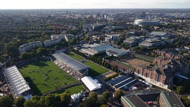 Laya Arena, Royal Dublin Society, Aviva Stadium and Meta landmarks, Dublin drone cityscape.