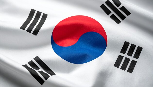 South Korea flag close-up, waving fabric texture, taegukgi national symbol, studio lighting