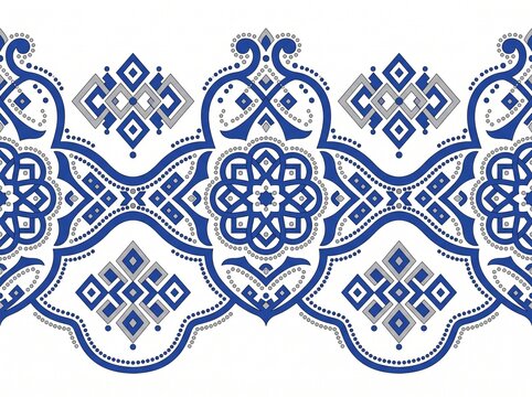 Seamless Blue and Silver Celtic Knot Border Vector Pattern with Geometric Floral Rosettes

