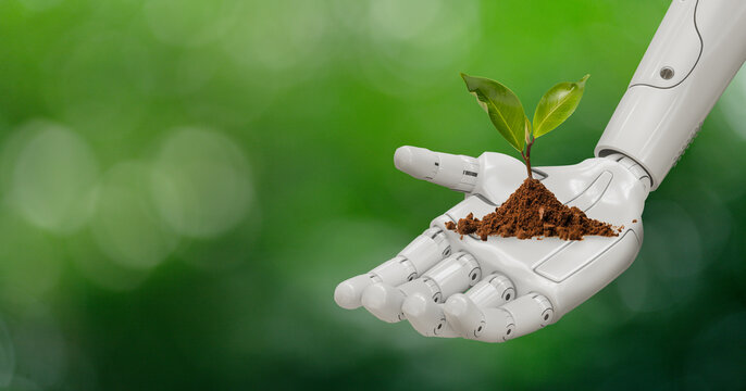 Close-up of a robotic hand holding soil with a small green plant, symbolizing technology's role in environmental sustainability and growth in the future.