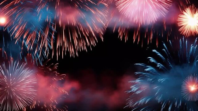 A spectacular display of vibrant fireworks illuminates the night sky, bursting with colorful patterns of red, blue, and gold. ..Created with Generative AI, not depicting real subjects.