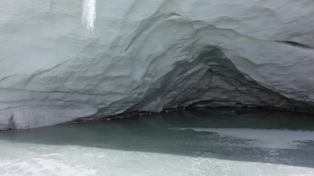 Aerial view of ice cave and glacier in Muztagh Ata Glacier Park, Xinjiang, China