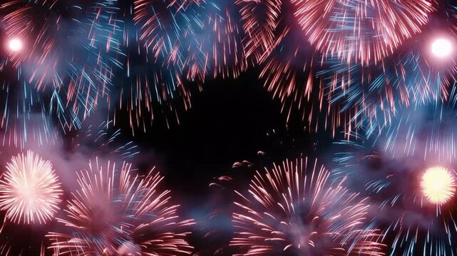 A vibrant display of colorful fireworks illuminate the night sky, creating a dazzling spectacle of light and celebration. ..Created with Generative AI, not depicting real subjects.